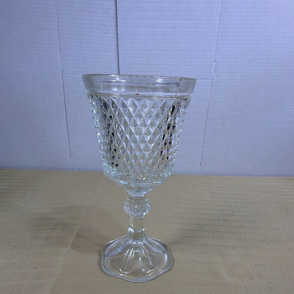 Glass Clear Diamond Point pedestal compote or goblet vase 11 inches tall